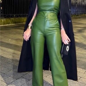 Zara Olive Green Faux Leather Wide-Leg Jumpsuit
